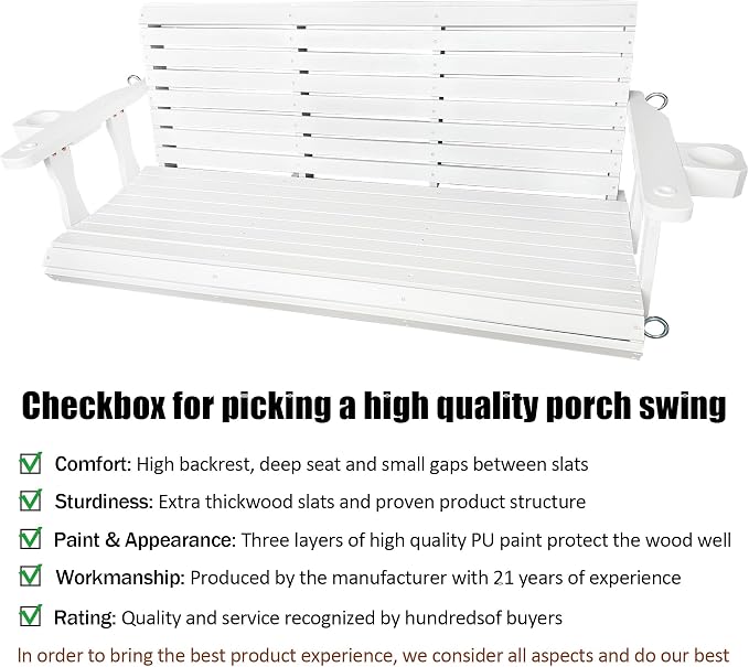 Wooden Porch Swing 3-Seater, High Backrest and Deep Seat, Bench Swing - Image 4