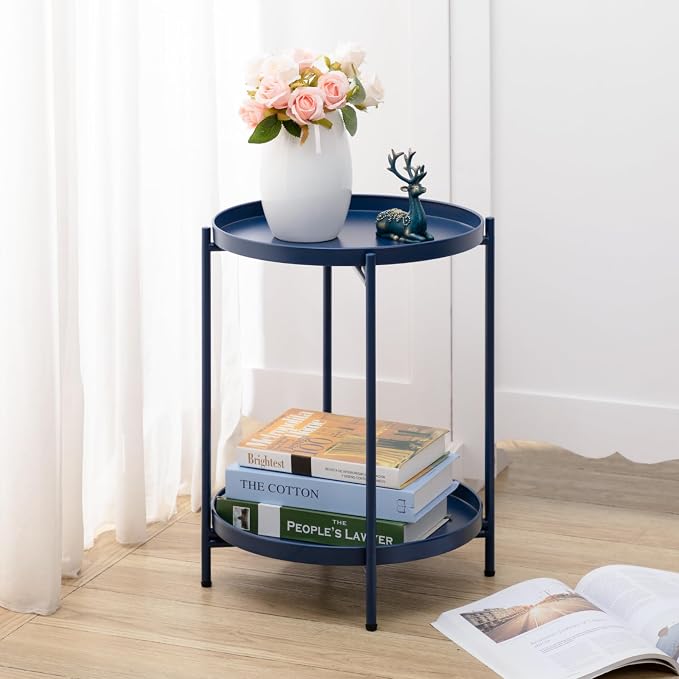 HollyHOME 2-Tier Round Side Table, Outdoor Small Folding Accent Stand - Image 2