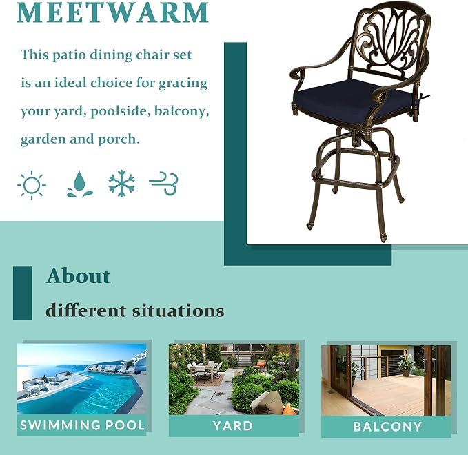 MEETWARM 2 Piece Patio Swivel Bar Chairs, All Weather Cast Aluminum High Swivel - Image 8