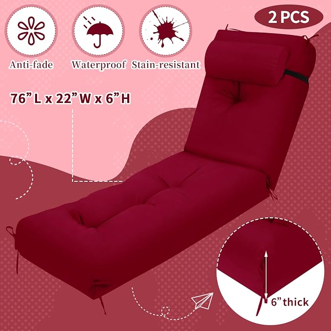 Wenqik Set of 2 Outdoor Chaise Lounge Cushions 76 x 22 x 6 Inch Waterproof - Image 3