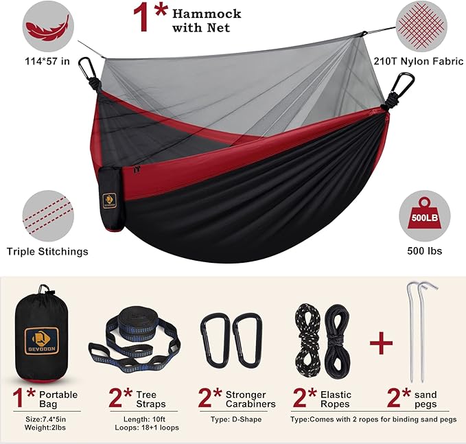 Camping Hammock with Net, Portable Lightweight Double Hammocks with Tree Straps - Image 2