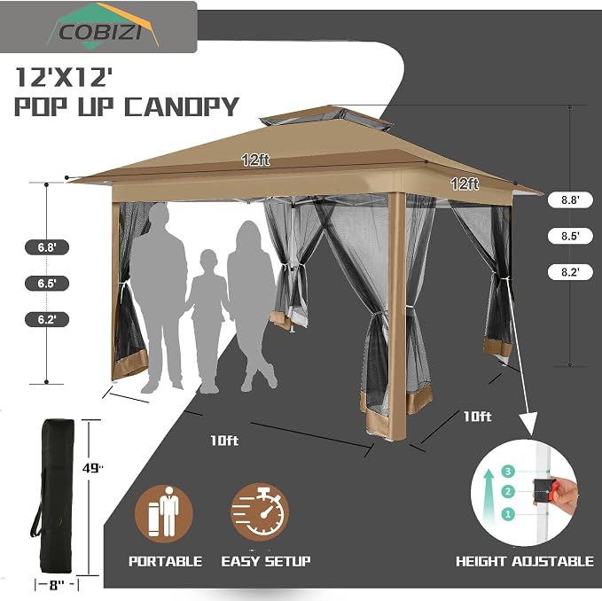 COBIZI 12x12 Pop Up Gazebo On Clearance Canopy Tent- Upgrade Metal Outdoor - Image 3