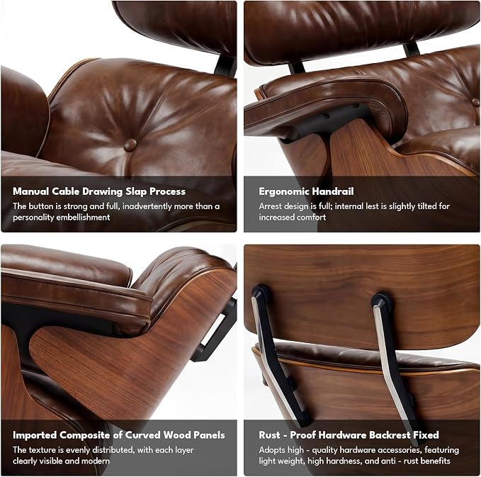 Top Grain Leather, Mid Century Chaise Lounge Chair and Ottoman, Reading Chair - Image 6