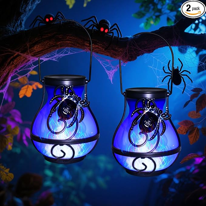 2 Pack Halloween Lights Outdoor Spider Hanging Solar Lantern Flickering Flame by X-PREK