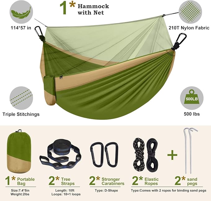 Camping Hammock with Net, Portable Lightweight Double Hammocks with Tree Straps - Image 2
