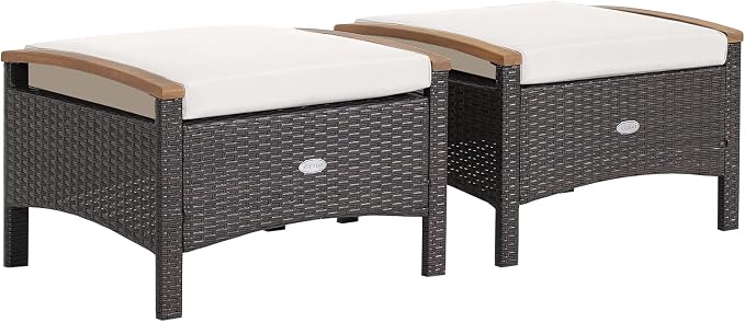 Tangkula 2 Piece Patio Rattan Ottomans, Outdoor Wicker Footstool w/Acacia Wood by TANGKULA