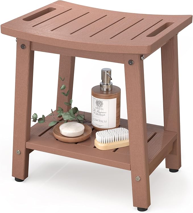 Shower Bench for Inside Shower, Teak Brown HDPE Shower Stool Waterproof by BEKVEMLIVING