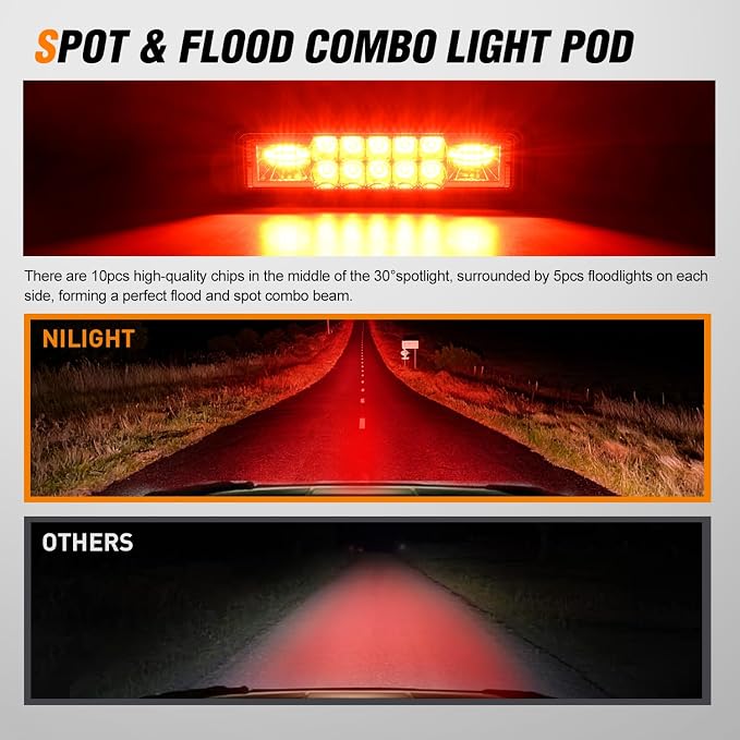 Nilight 6 Inch Red LED Light Pods 2 PCS 60W Flood Spot Combo Beam Off Road - Image 4