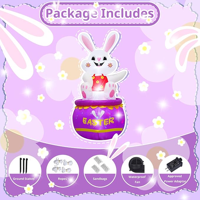 5FT Easter Bunny Inflatable Outdoor Decorations Build-in LED Lights, Cute - Image 8