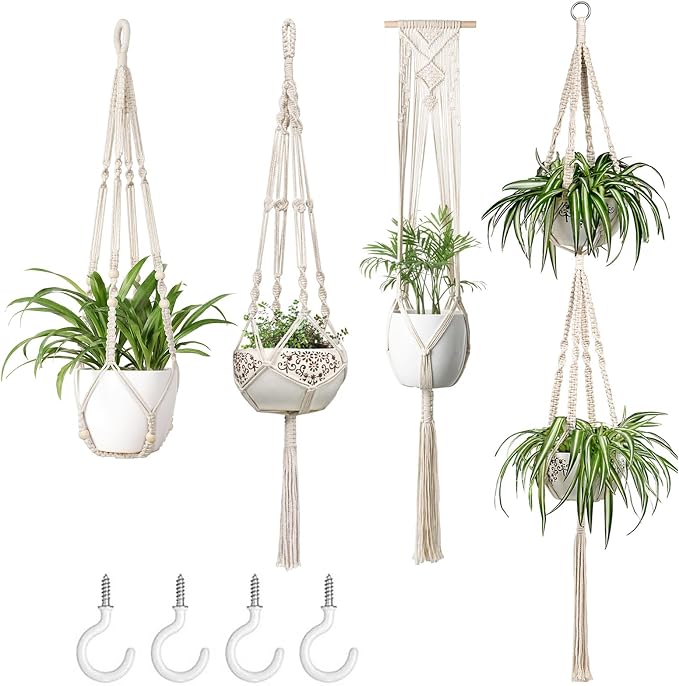 Mkono Macrame Plant Hangers Set of 4 Indoor Hanging Planter Basket Wall by Mkono