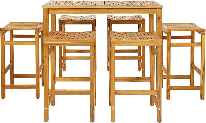 Tangkula 7 Piece Outdoor Acacia Wood Bar Table Set, Space-Saving Patio Dining by TANGKULA