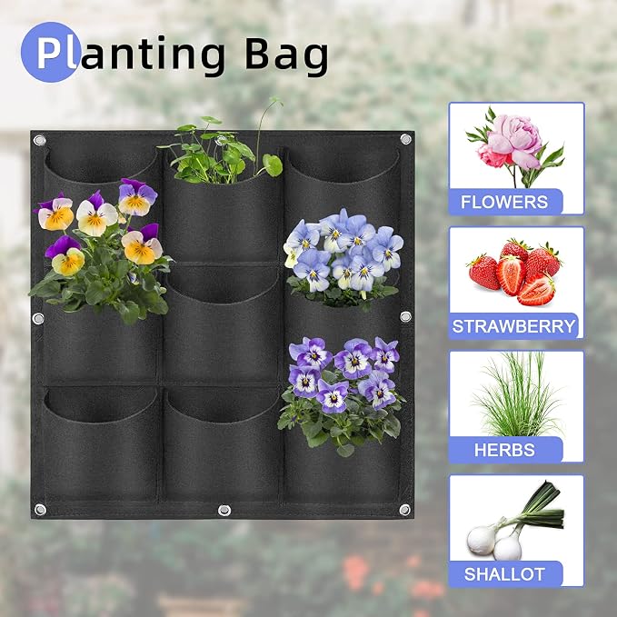 9 Pockets Hanging Planter Bags, Hanging Vertical Wall Mounted Plant Planting - Image 5