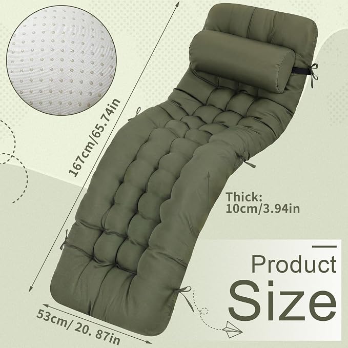 Tudomro 1 Pcs Olive Green 66'' Outdoor Chaise Lounge Cushion Waterproof Patio - Image 2