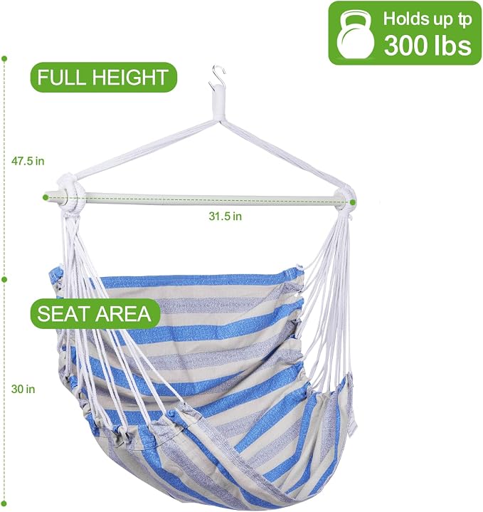 Backyard Expressions Striped Hammock Chair Hanging Rope Swing Chair, Anti Slip - Image 2