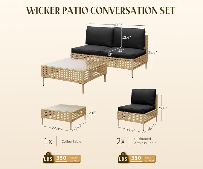 LHBcraft 3 Piece Wicker Patio Furniture Set, Modular Outdoor Furniture - Image 2