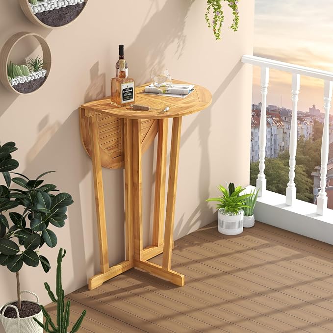 Tangkula Outdoor Teak Wood Bar Table Folding, Patio Bar Height Oval Table - Image 5