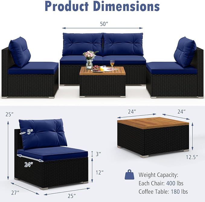 Tangkula 5 Piece Rattan Sofa Set, Outdoor Wicker Furniture Set w/Seat & Back - Image 6