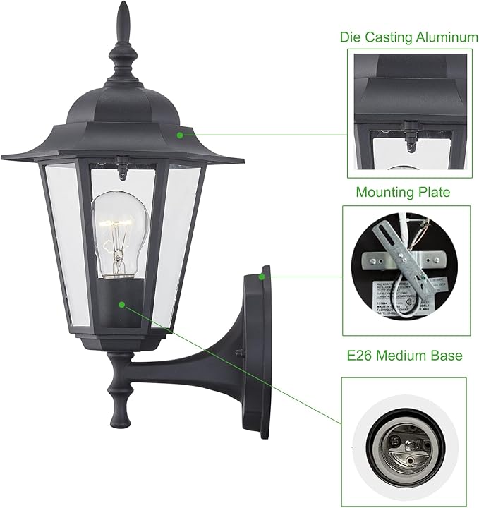 WISBEAM Outdoor Wall Lantern, E26 Base 60W Max, Metal Housing Plus Glass - Image 6