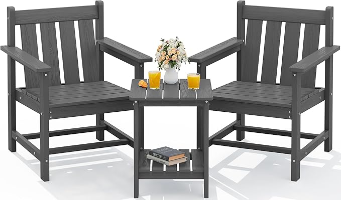 SEWRWALL 3 Pieces Patio Bistro Set, All Weather Adirondack Chair Set by SERWALL