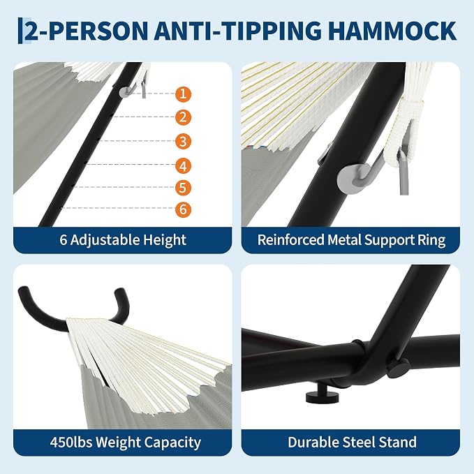 Double Hammocks with Stand for Outside, Portable Space Saving Heavy-Duty Steel - Image 4