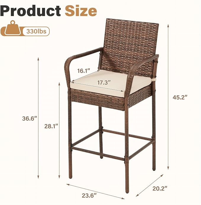ECOTOUGE Patio Wicker Barstools Set of 2, Outdoor Rattan Bar Height Chairs - Image 3