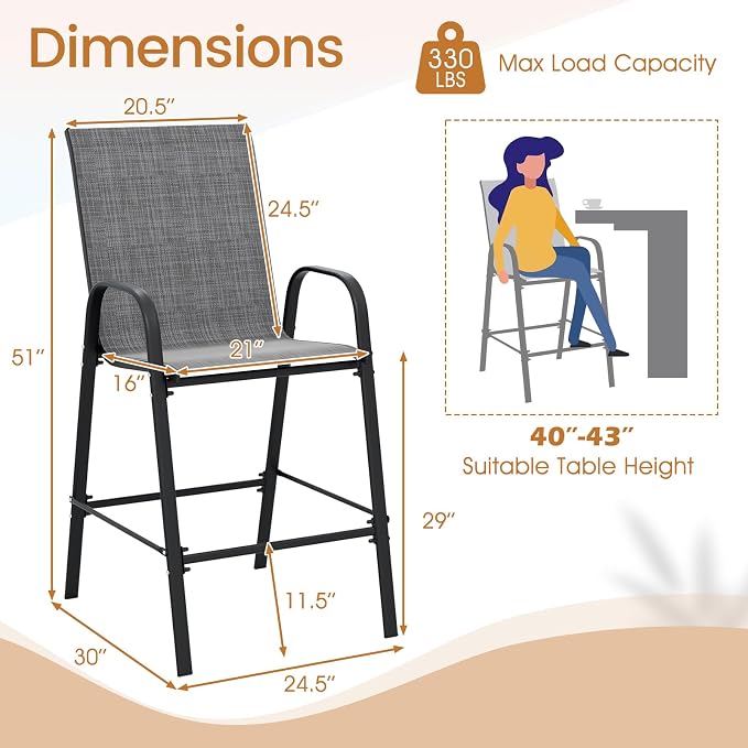 Tangkula Outdoor Bar Stools Set of 2, Enlarged Seat & Metal Frame, Tall Patio - Image 3