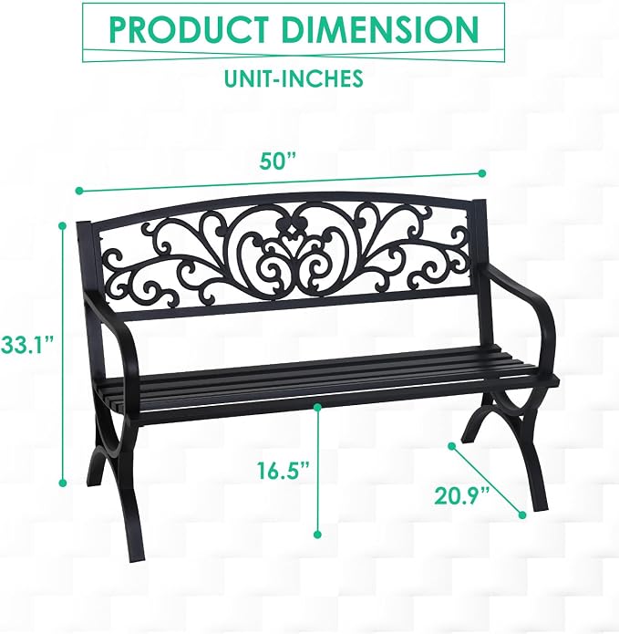FDW Outdoor 50 Inches Garden Bench, Slatted Seat Armrests Floral Design Backres - Image 3