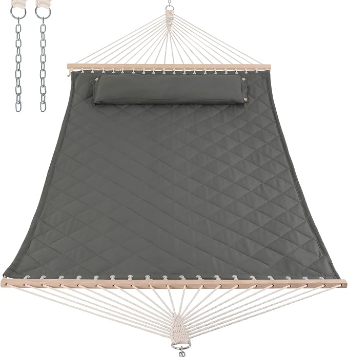 ANOW 2 Person Hammock with Spreader Bars and Detachable Pillow, Quilted Hammock by ANOW