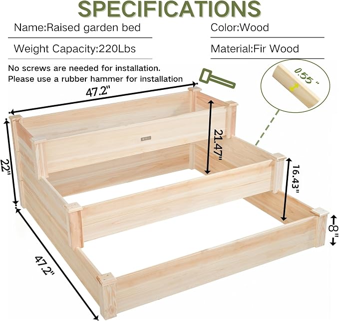 3-Tier Raised Garden Bed with Fabric Liner, Wood Elevated Planter Box with - Image 4