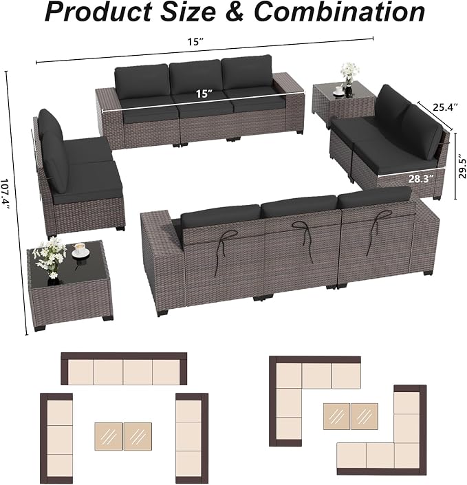 ALAULM 12 Pieces Patio Furniture Set Outdoor Sectional Sofa Brown PE Rattan - Image 6
