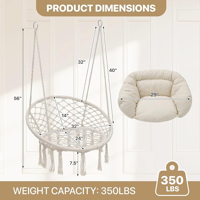 Monibloom Hanging Hammock Chair w/Large Comfy Cushion, Macrame Swing Chair - Image 2