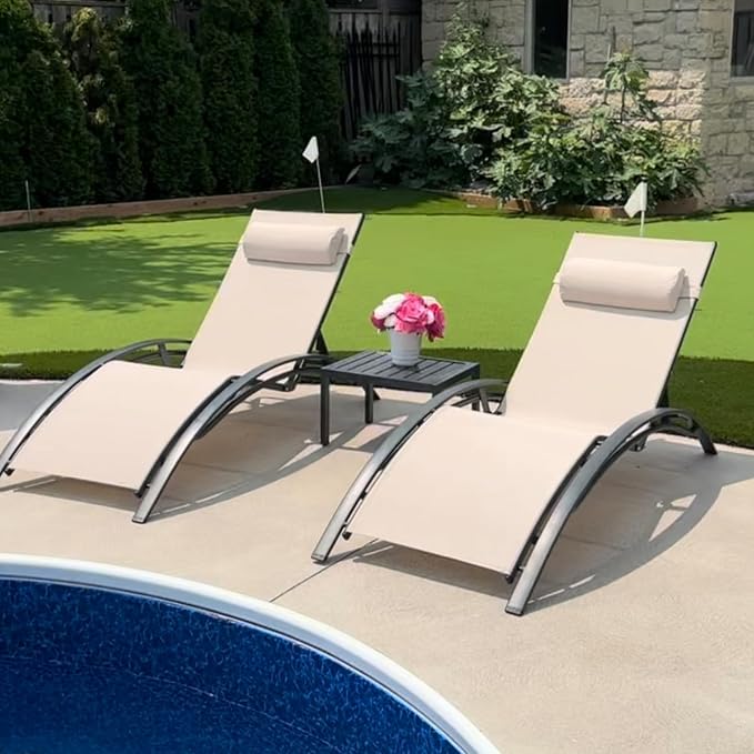 PURPLE LEAF Patio Chaise Lounge Set of 3 Outdoor Lounge Chair Beach Pool by PURPLELEAF
