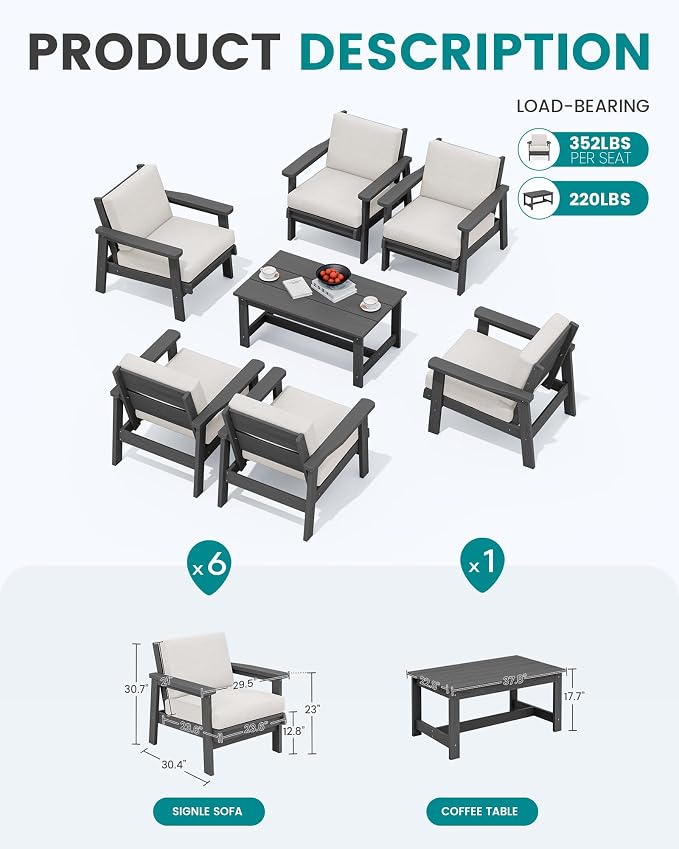 SERWALL HDPE Outdoor Furniture Set, 7 Piece All Weather Wood-Like Outdoor Sofa - Image 2