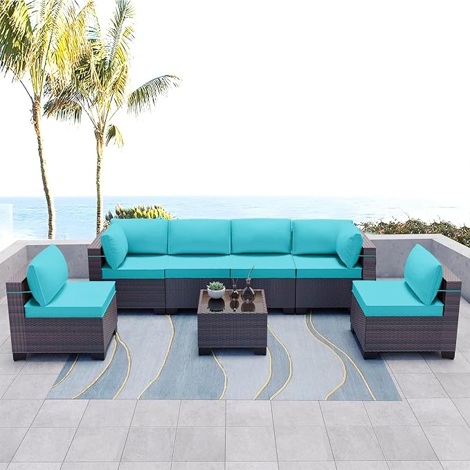 Kullavik 7 Pieces Outdoor Patio Furniture Set, Sectional Rattan Sofa Set Brown - Image 7