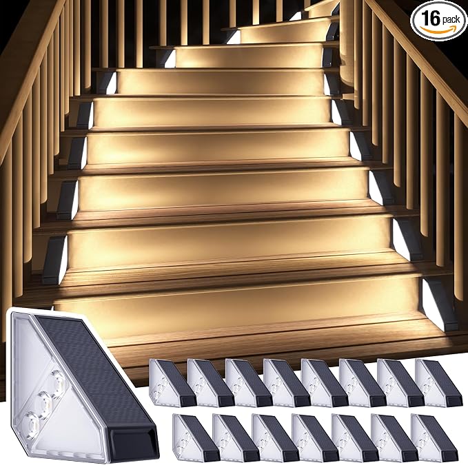 ROSHWEY Solar Step Lights for Outside, 16 Pack Solar Powered Stair Lights by ROSHWEY