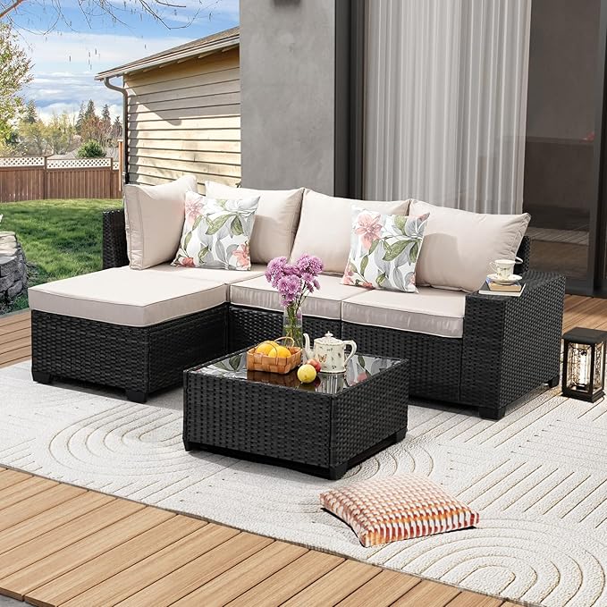 5 Pieces Patio Furniture Set All-Weather Outdoor Wicker Sectional Conversation by JOYURE