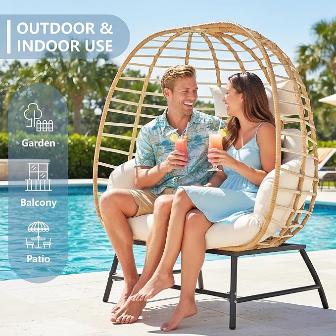 SWITTE Double Wicker Egg Chair Outdoor, Indoor 2-Person Papasan Loveseat - Image 4
