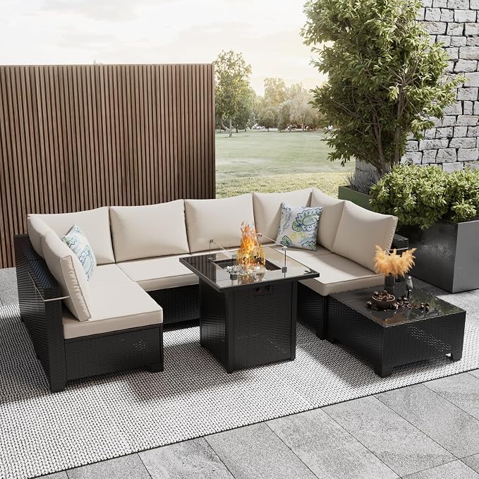 8 Pcs Patio Furniture Set with Fire Pit Table Wicker Outdoor Sectional Sofa - Image 9