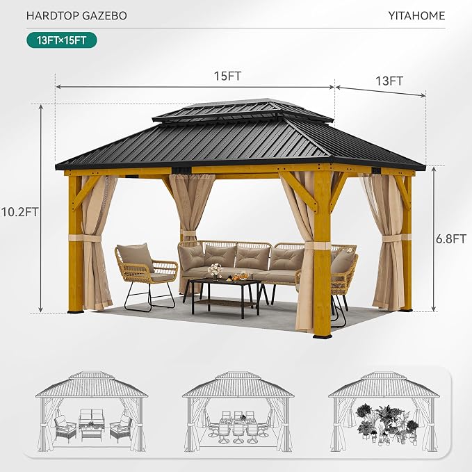 YITAHOME 13x15ft Wood Gazebo Outdoor Wooden Frame Double Roof Hardtop - Image 7