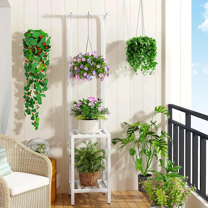 IBUYKE 67 Inch Tall Plant Stand Indoor Outdoor, 3 Tier Metal Hanging Plant Shelf - Image 8