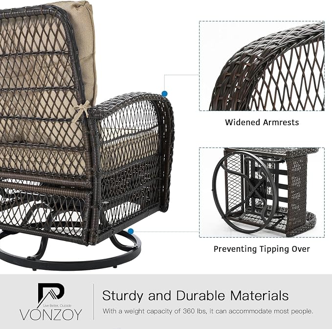 3 Pieces Patio Furniture Set, Outdoor Swivel Glider Rocker, Wicker Patio Bistro - Image 4