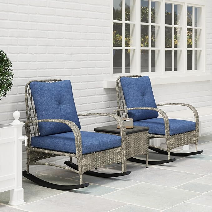 Outsunny 3 Piece Wicker Patio Furniture Set, PE Rattan Rocking Chairs - Image 8