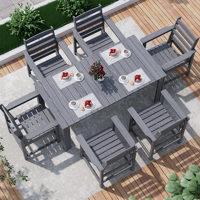 Outdoor HDPE Dining Table Set, 7-Piece Outdoor Dining Table Sets, Wood Grain - Image 9