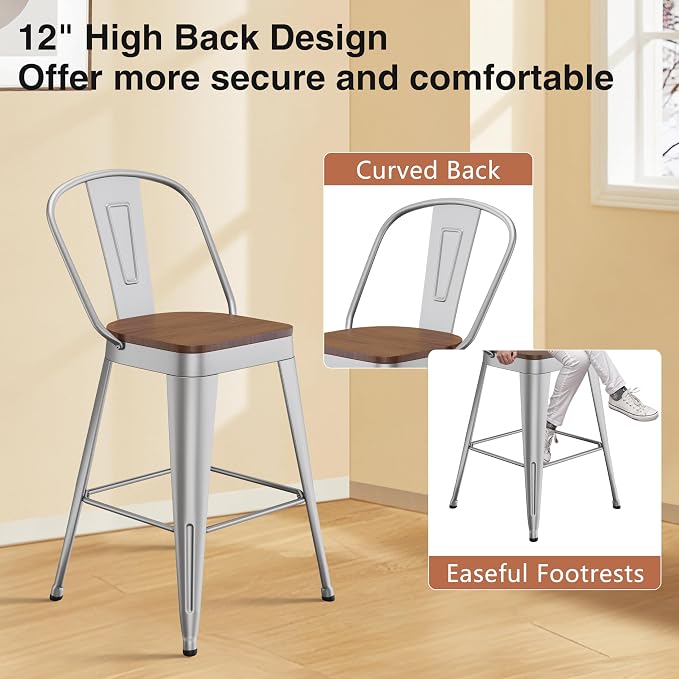 ALISH 30 Inch Industrial Bar Stools Set of 4, High Back Metal Barstools - Image 6