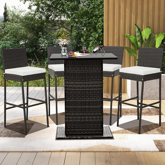 Tangkula Set of 4 Patio Wicker Barstools, Outdoor Bar Height Chair w/Soft Seat - Image 2