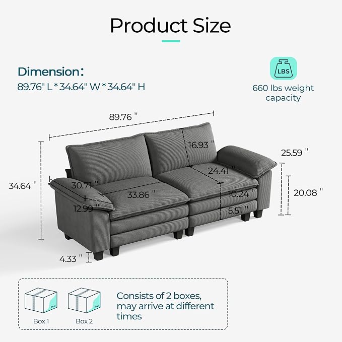 LINSY HOME 90'' Cloud Loveseat Sofa, Modular Sectional Couches Corduroy Cloud - Image 2