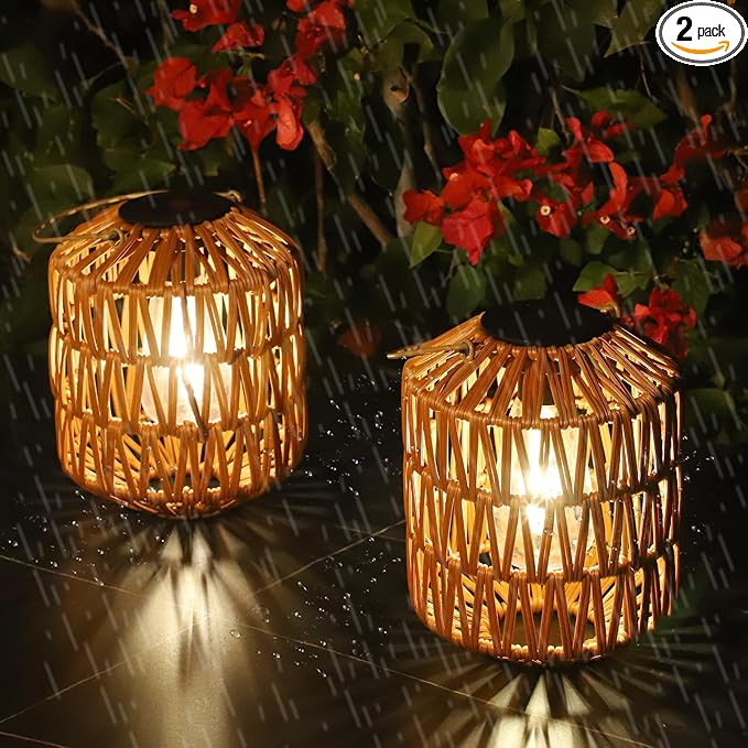 2 Pack Solar Lanterns Outdoor Waterproof, Rattan Solar Lights by EYASSI