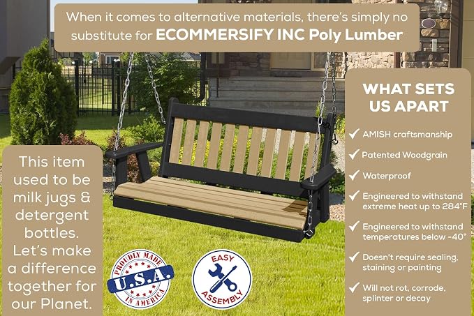 Poly Lumber Wood 4FT Mission Porch Swing Amish Craftsmandship Made in USA HDPE - Image 3