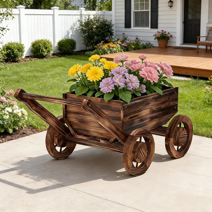 Wooden Flower Cart with Wheels Wooden Wagon Planter Outdoor Garden Planter - Image 7