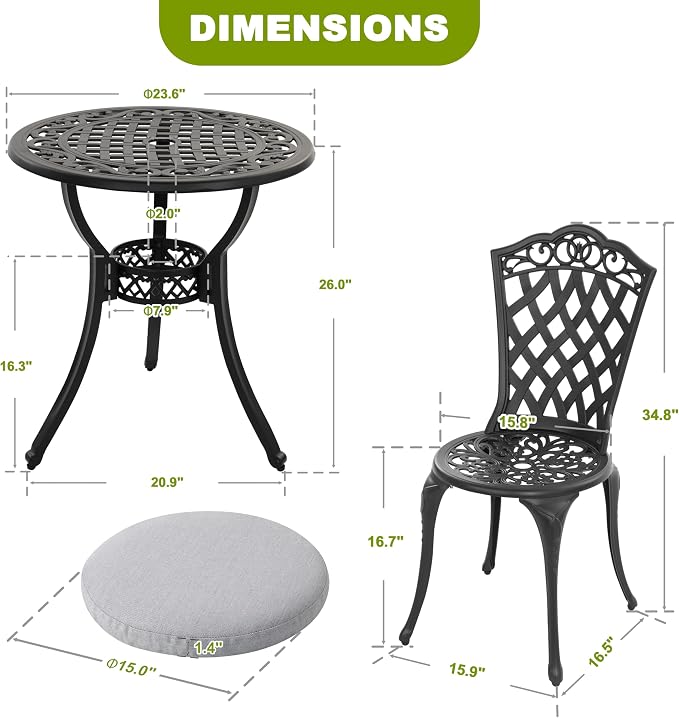 NUU GARDEN Patio Bistro Set 3 Piece, Outdoor Cast Aluminum Bistro Table and - Image 4